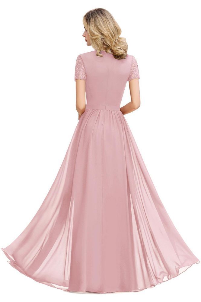 Abraham | Burgundy Short Sleeve Lace Simple Chiffon Formal Dress, Pink, Dark Green