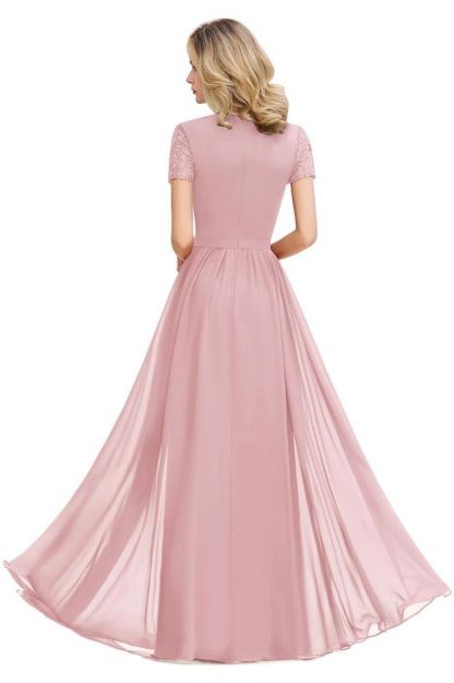 Abraham | Burgundy Short Sleeve Lace Simple Chiffon Formal Dress, Pink, Dark Green