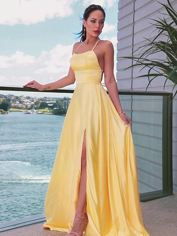 Royal Blue Halter A-line Satin High Split Prom Dresses