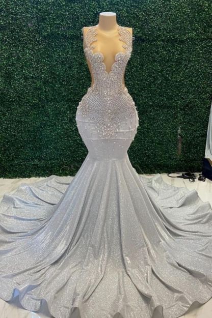 Charming Glitter Beadings Mermaid Prom Dress Crew Neck Sleeveless Silver Evening Gown