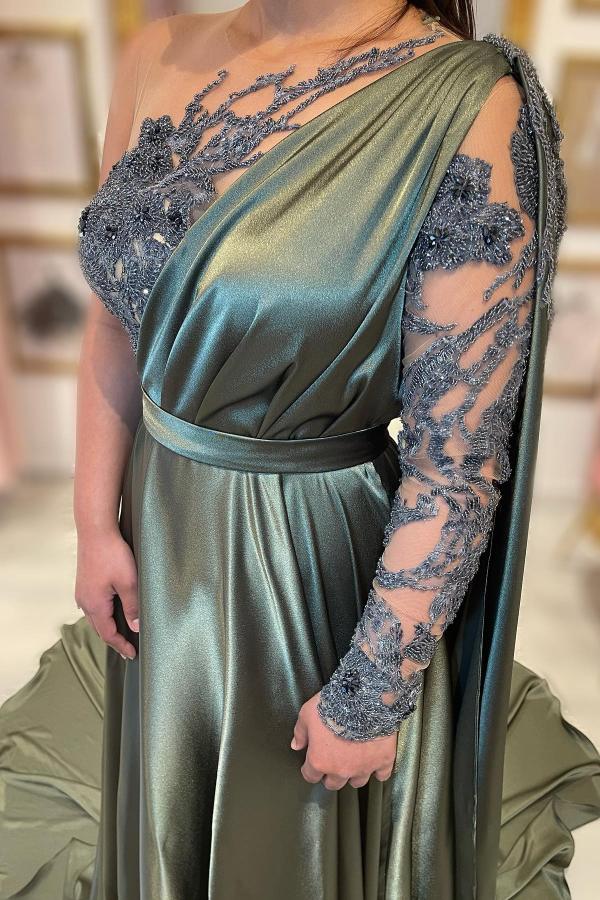 Sage Long Sleeves Asymmetric One Shoulder Prom Dress with Ruffles