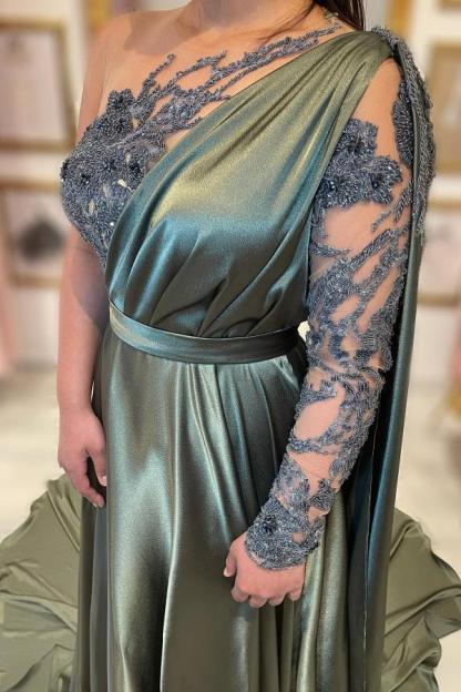 Sage Long Sleeves Asymmetric One Shoulder Prom Dress with Ruffles