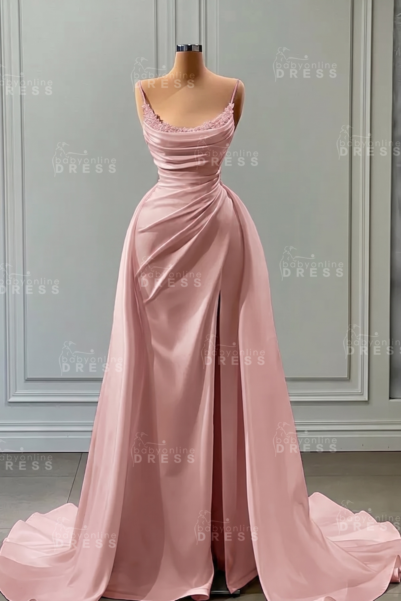 White Spaghetti Straps Satin Mermaid Prom Dress with High Split