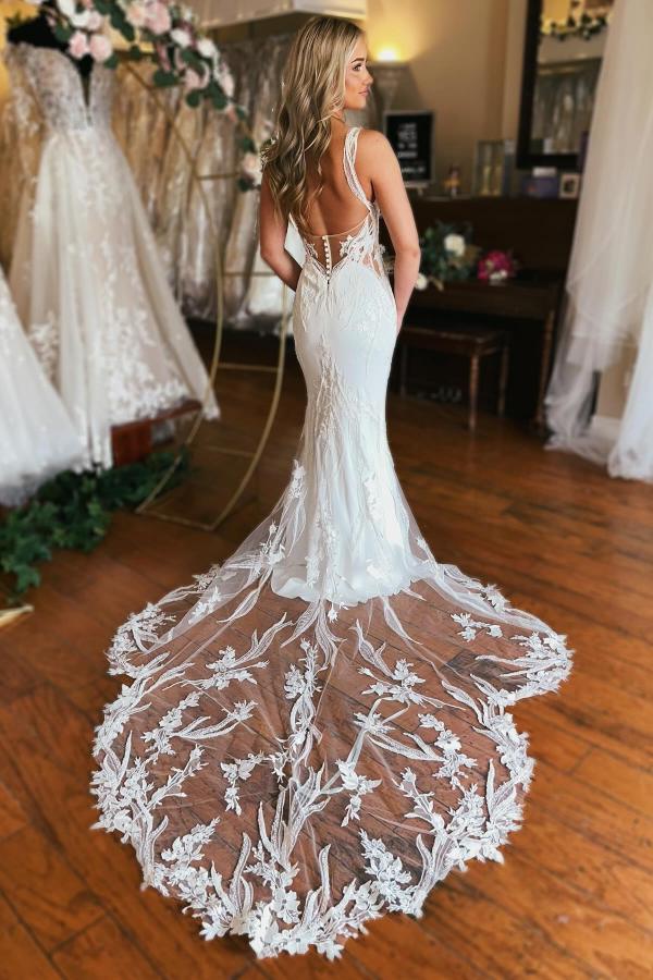 Straps V-neck White Lace Mermaid Wedding Dresses