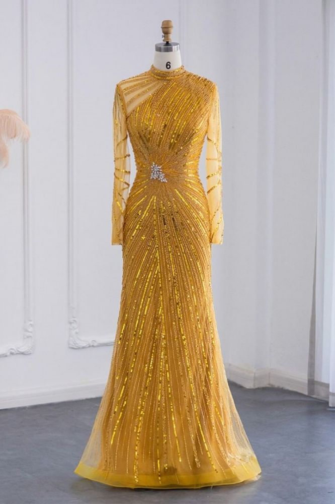 Elegant High Neck Long Sleeves Beading Mermaid Evening Gowns with Crystals Sash