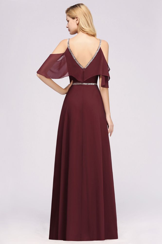 Elegant A-line Chiffon V-Neck Spaghetti Straps Sleeveless Floor-Length Bridesmaid Dresses with Beading Sash-Babyonlinewholesale