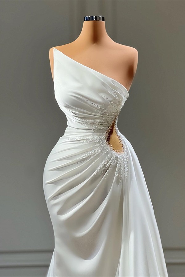 One shoulder Pearls Sleeveless keywhole White Prom dresses