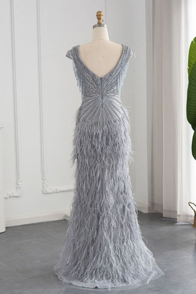 Luxury V-Neck Fur Mermaid Evening Dress for Women Glitter Beadings Cap Sleeves Tassels Long Wedding Party Gowns-Babyonlinewholesale