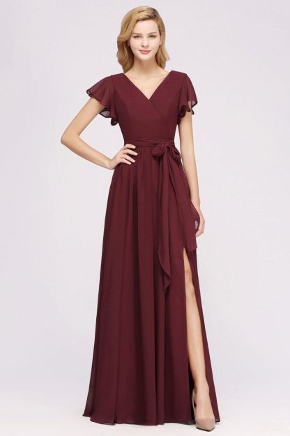 elegant A-line Chiffon V-Neck Short-Sleeves Floor-Length Bridesmaid Dresses with Bow Sash