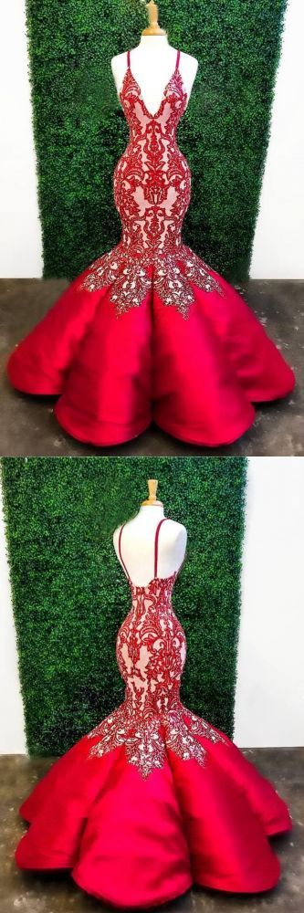 V-neck Straps Burgundy Mermaid Lace Prom Dresses