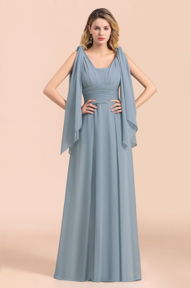 Grey Blue V-Neck Sleeveless Aline Wedding Guest Dress Simple Bridesmaid Dress Floor Length