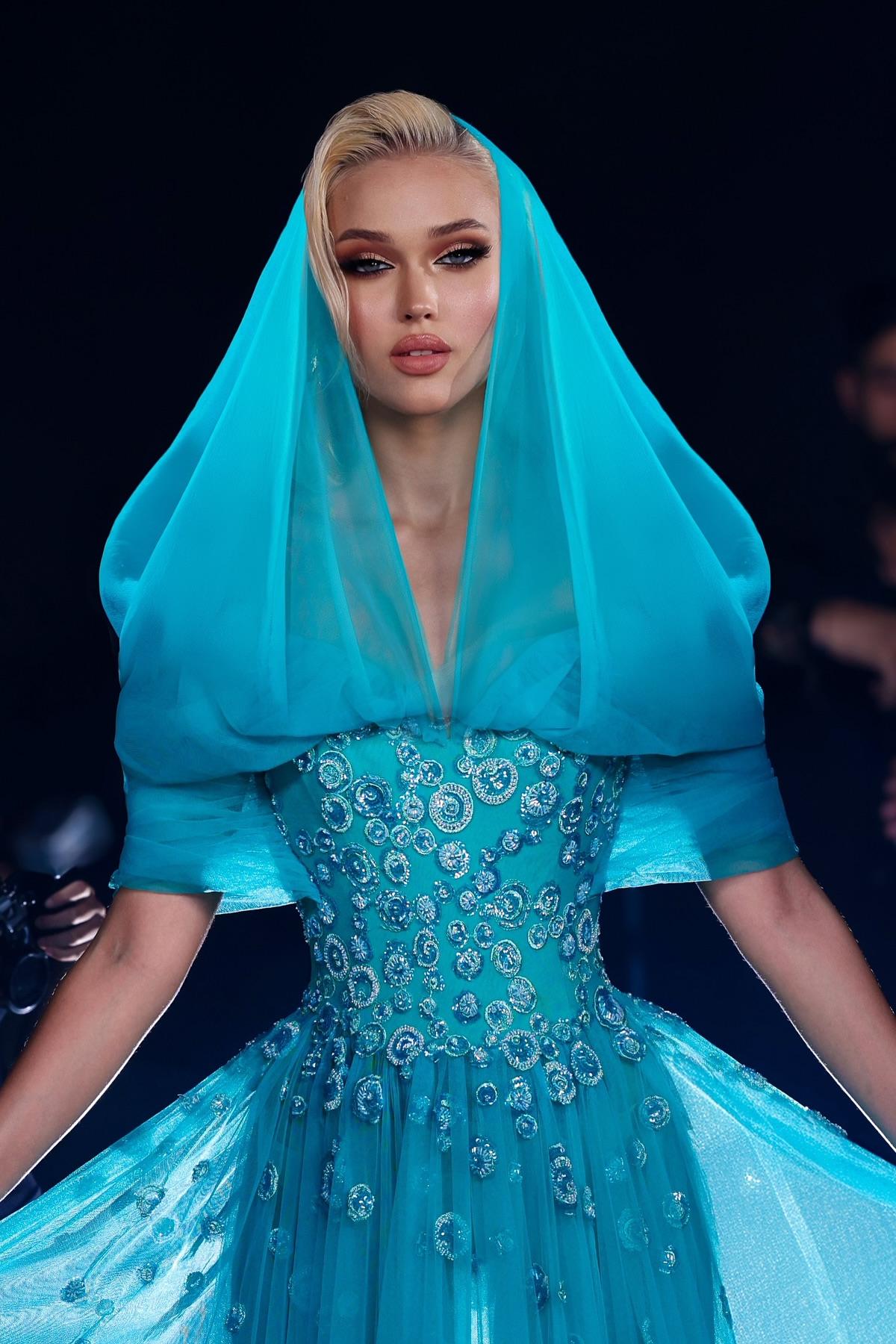 A-Line Blue Off-the-shoulder Tulle Crystal Detailing Long Prom Dresses