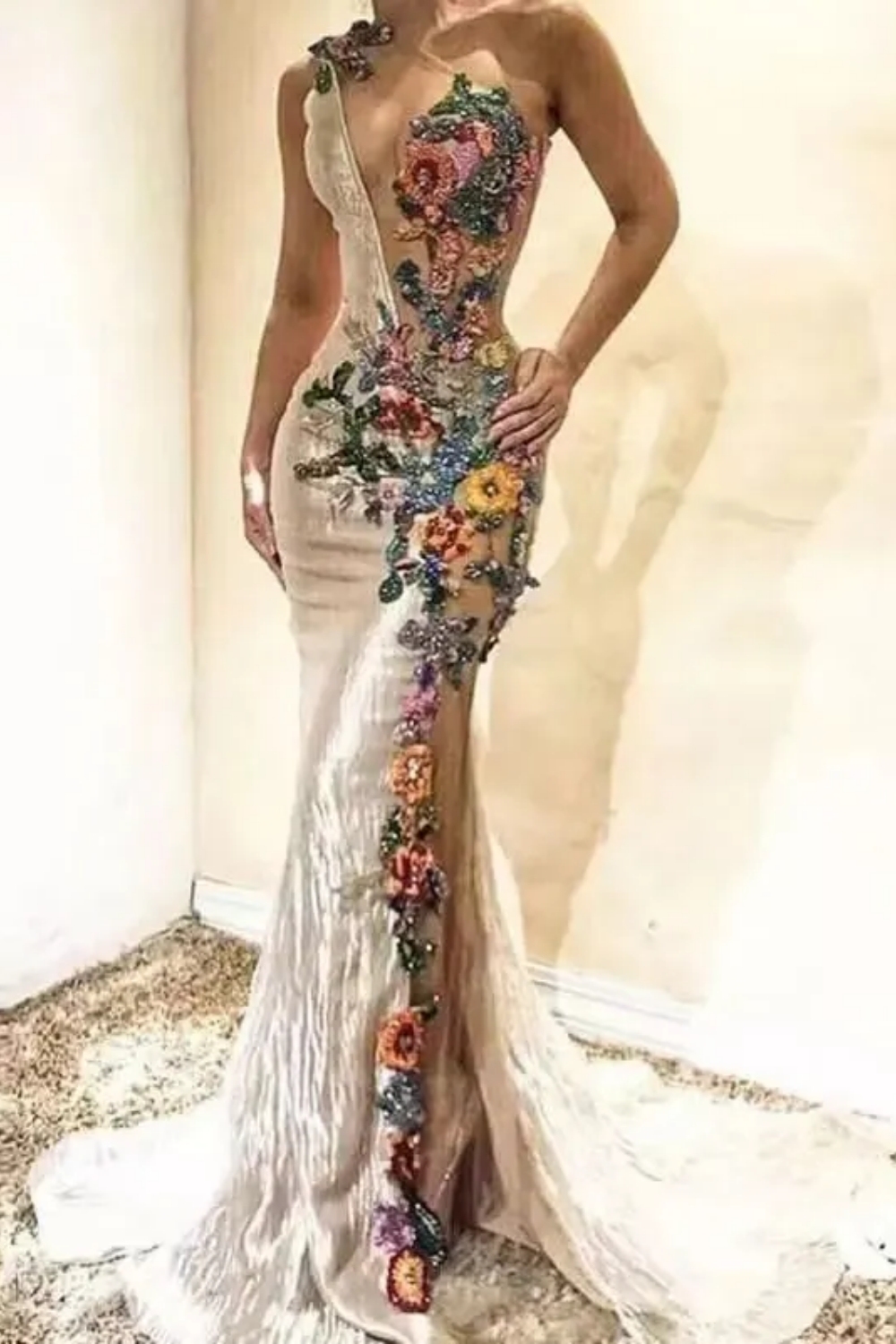 Amazing Floral Pattern Beadings Mermaid Prom Dress