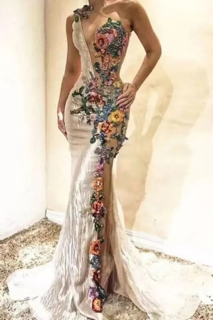 Amazing Floral Pattern Beadings Mermaid Prom Dress