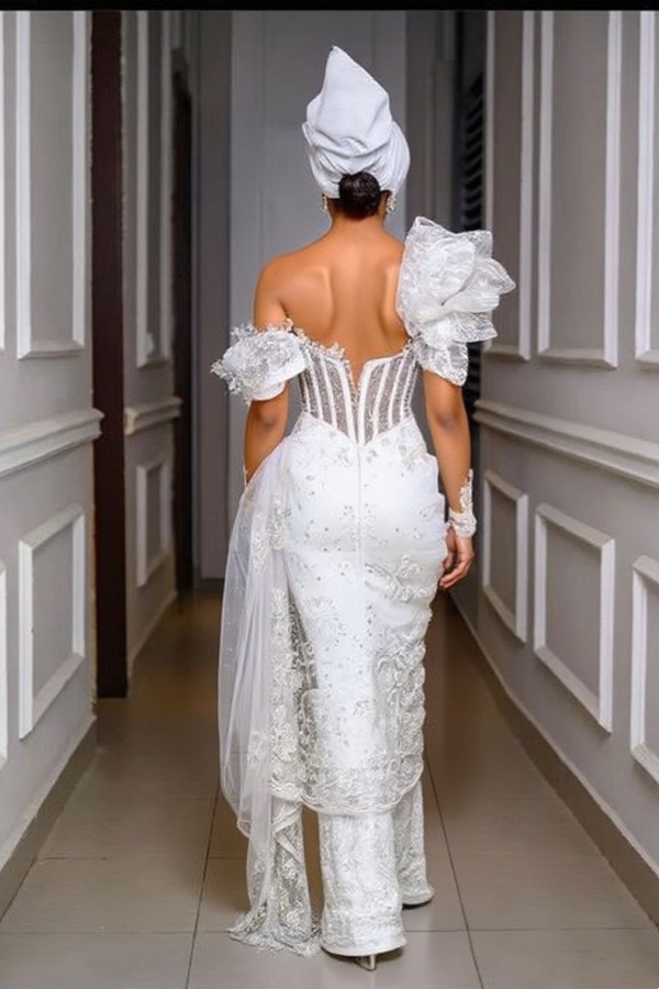 White Flowery Asymmetrical Floor Length Lace Prom Dress