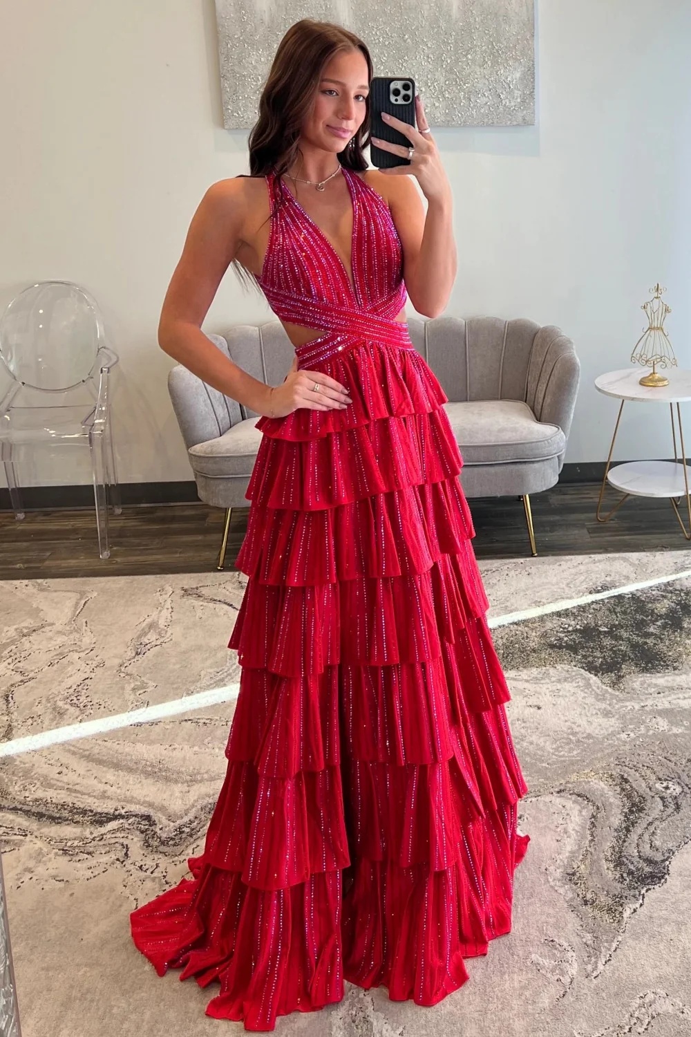 Halter Aline Prom Dress Sequined V-Neck High Split Evening Dress Long