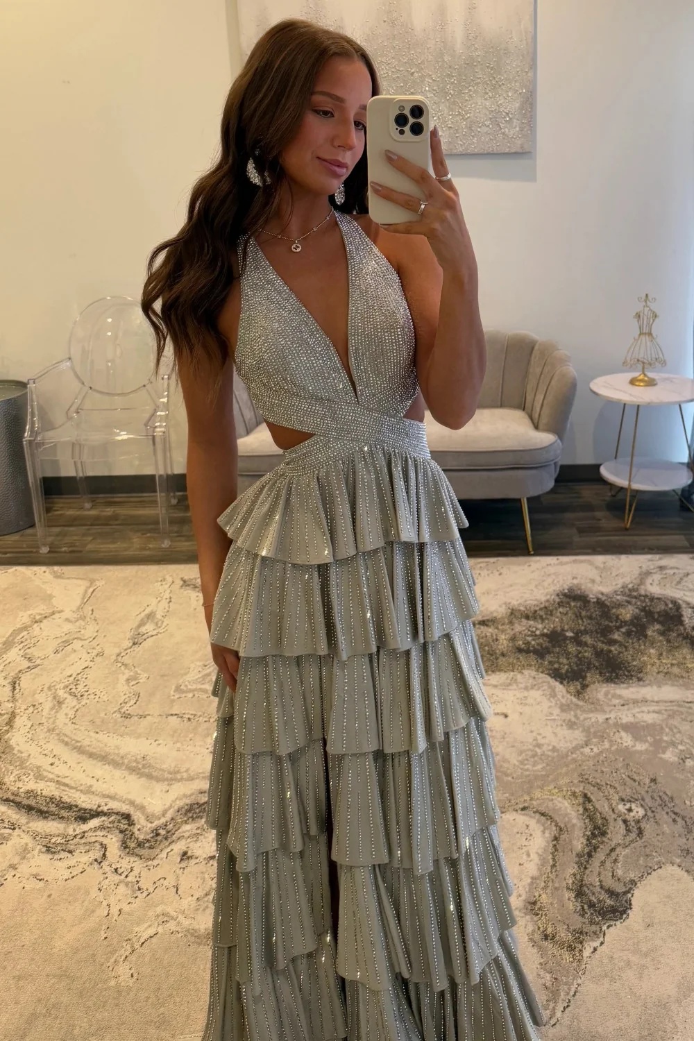 Halter Aline Prom Dress Sequined V-Neck High Split Evening Dress Long