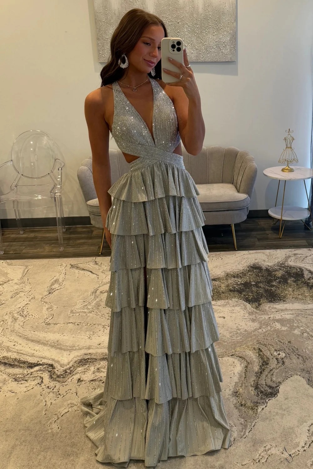 Halter Aline Prom Dress Sequined V-Neck High Split Evening Dress Long