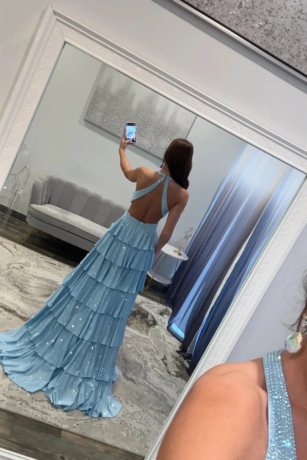 Halter Aline Prom Dress Sequined V-Neck High Split Evening Dress Long