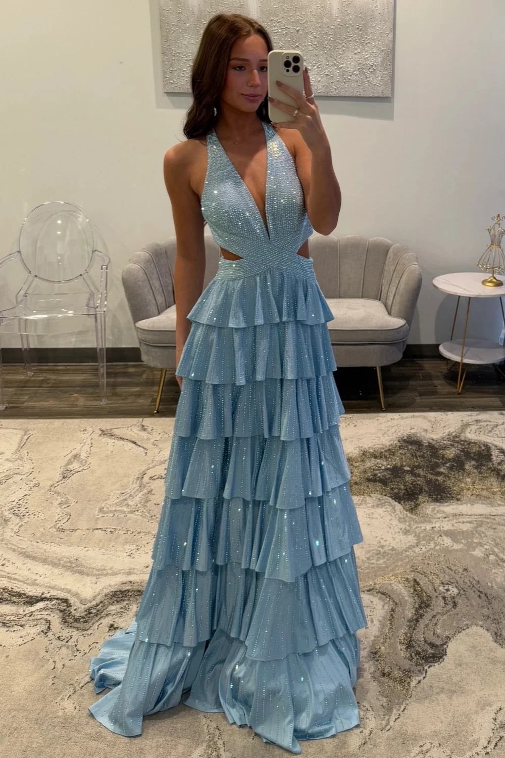 Halter Aline Prom Dress Sequined V-Neck High Split Evening Dress Long