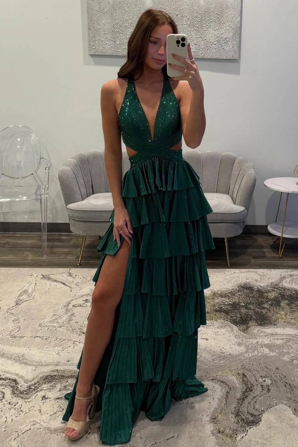Halter Aline Prom Dress Sequined V-Neck High Split Evening Dress Long