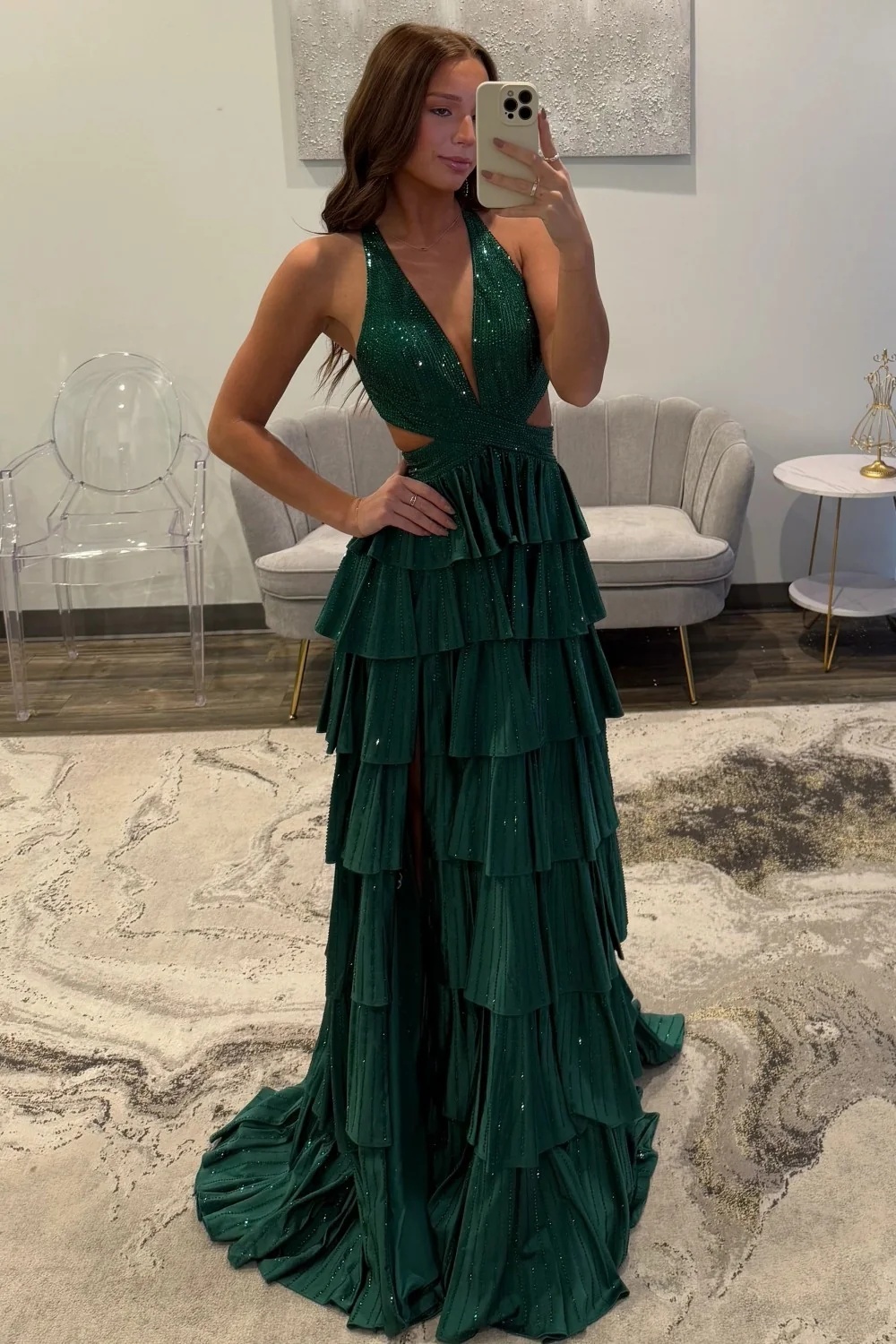 Halter Aline Prom Dress Sequined V-Neck High Split Evening Dress Long