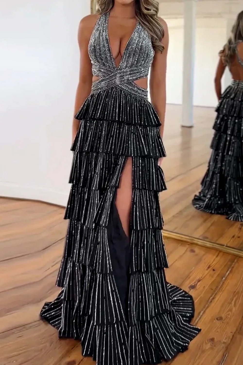 Halter Aline Prom Dress Sequined V-Neck High Split Evening Dress Long
