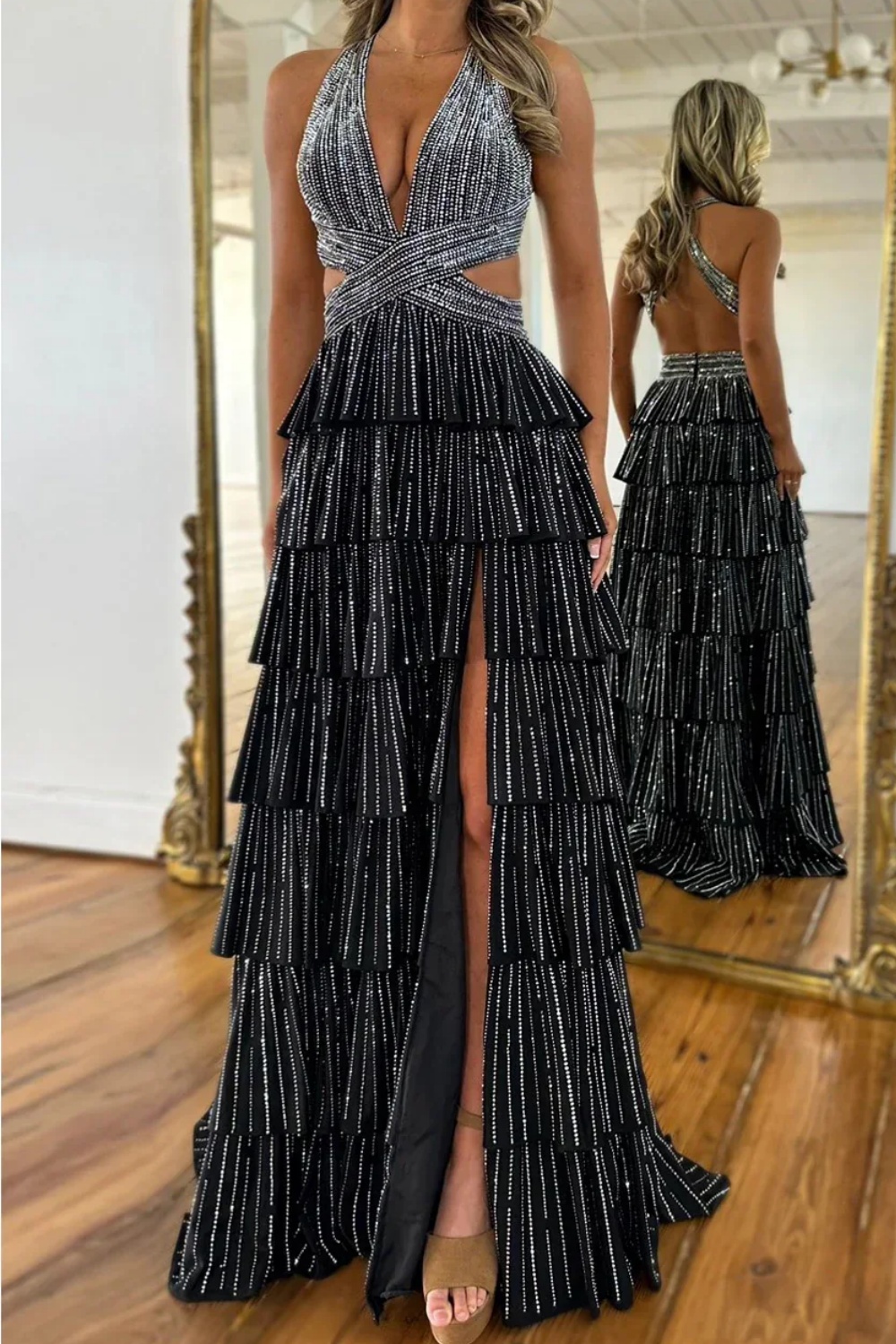 Halter Aline Prom Dress Sequined V-Neck High Split Evening Dress Long