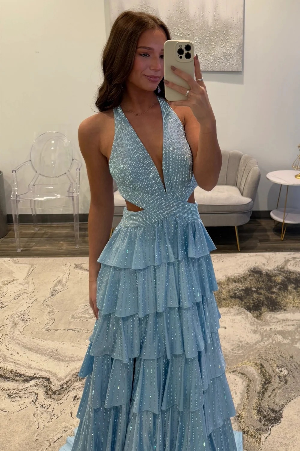 Halter Aline Prom Dress Sequined V-Neck High Split Evening Dress Long