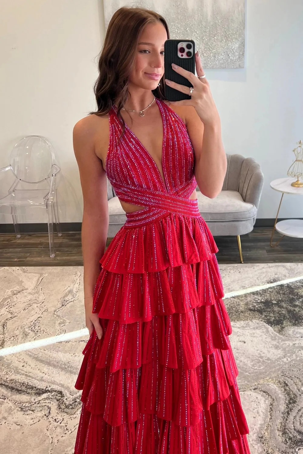 Halter Aline Prom Dress Sequined V-Neck High Split Evening Dress Long