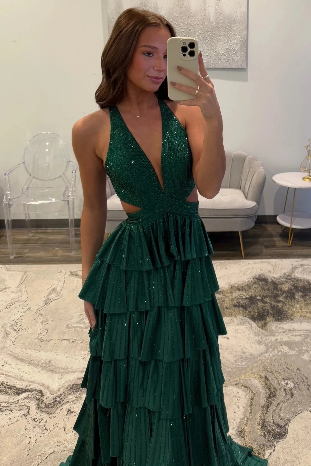 Halter Aline Prom Dress Sequined V-Neck High Split Evening Dress Long