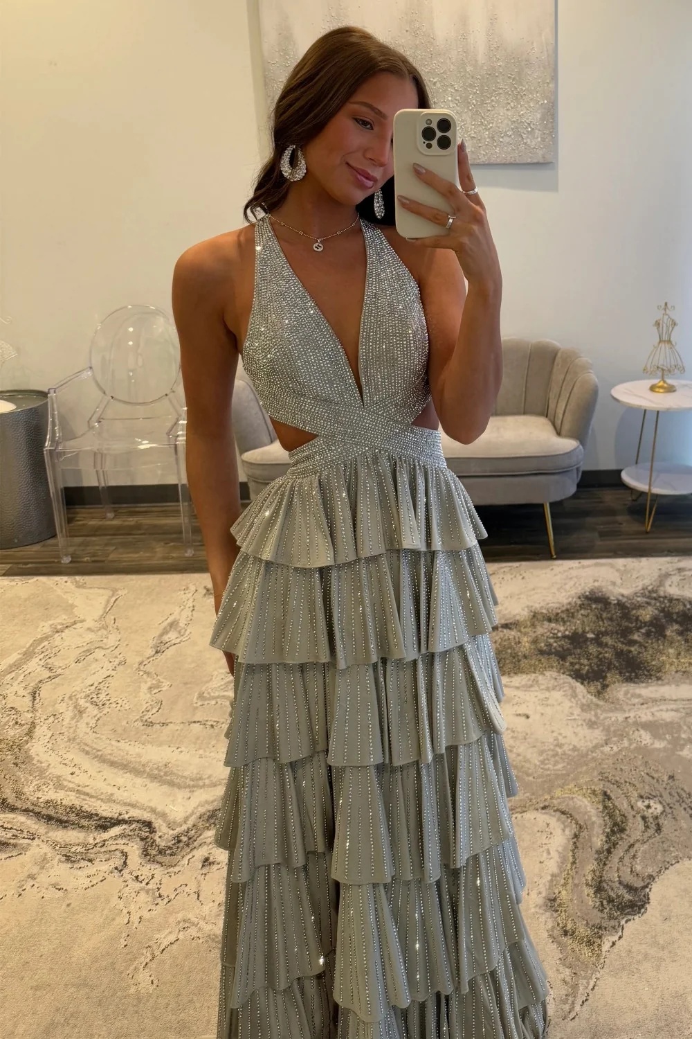 Halter Aline Prom Dress Sequined V-Neck High Split Evening Dress Long