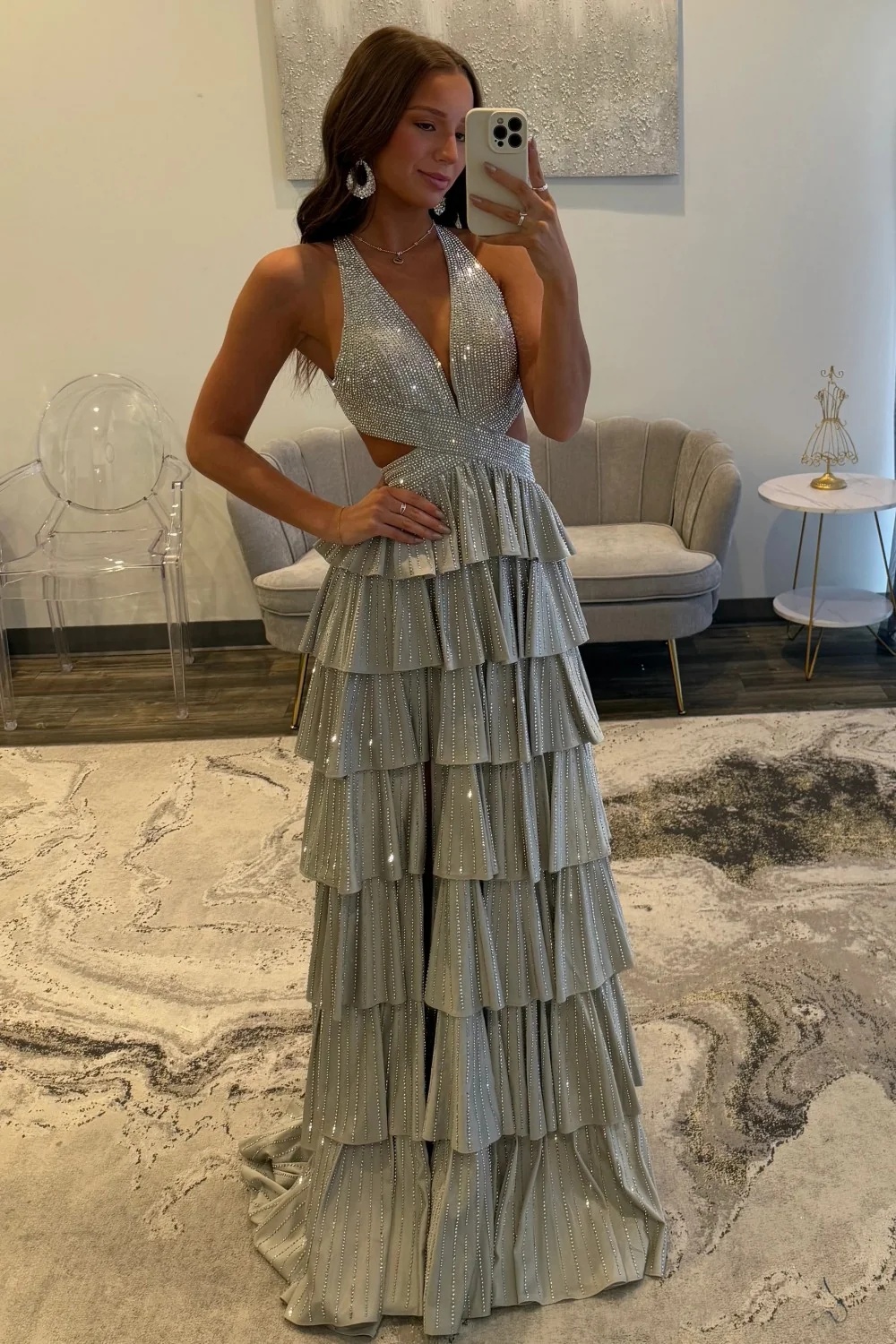 Halter Aline Prom Dress Sequined V-Neck High Split Evening Dress Long