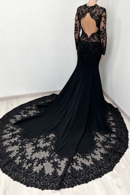 Black High-neck Appliques Lace Long Sleeve A-Line Wedding Dresses
