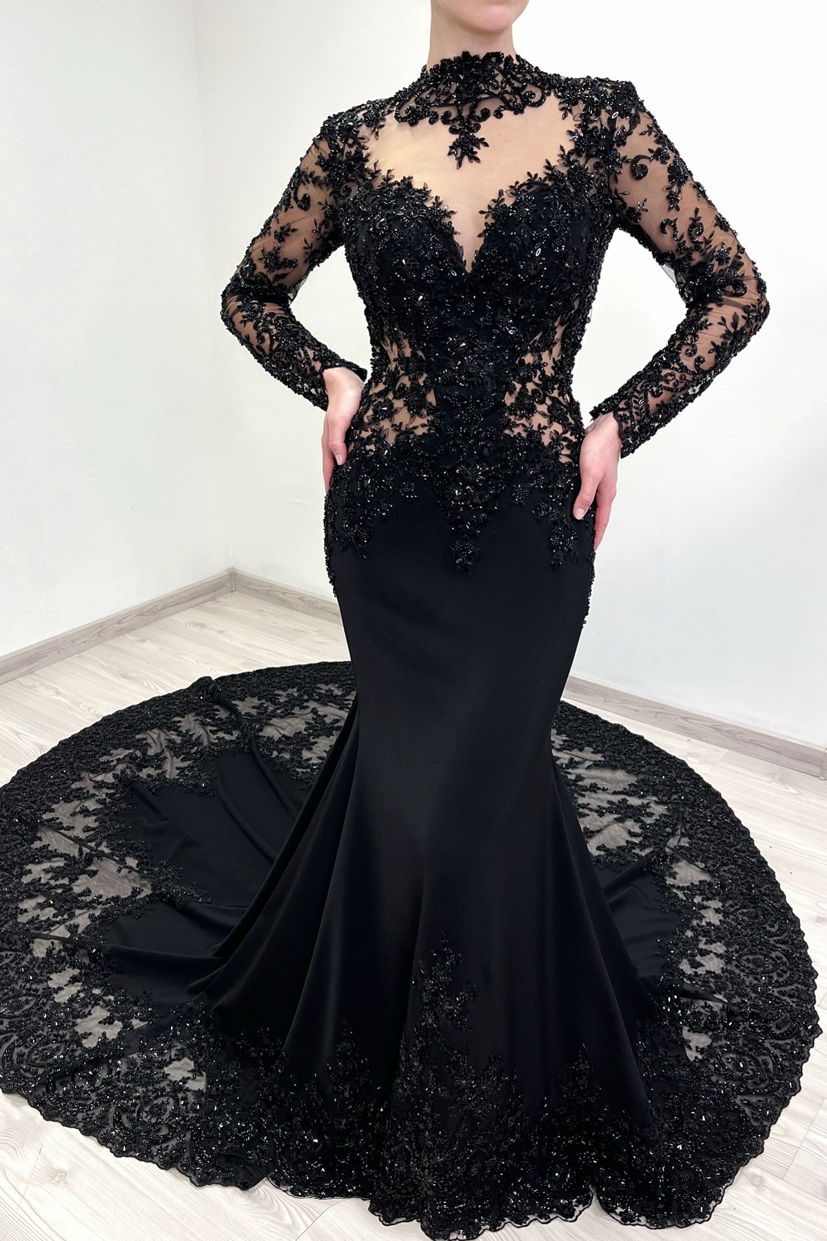 Black High-neck Appliques Lace Long Sleeve A-Line Wedding Dresses