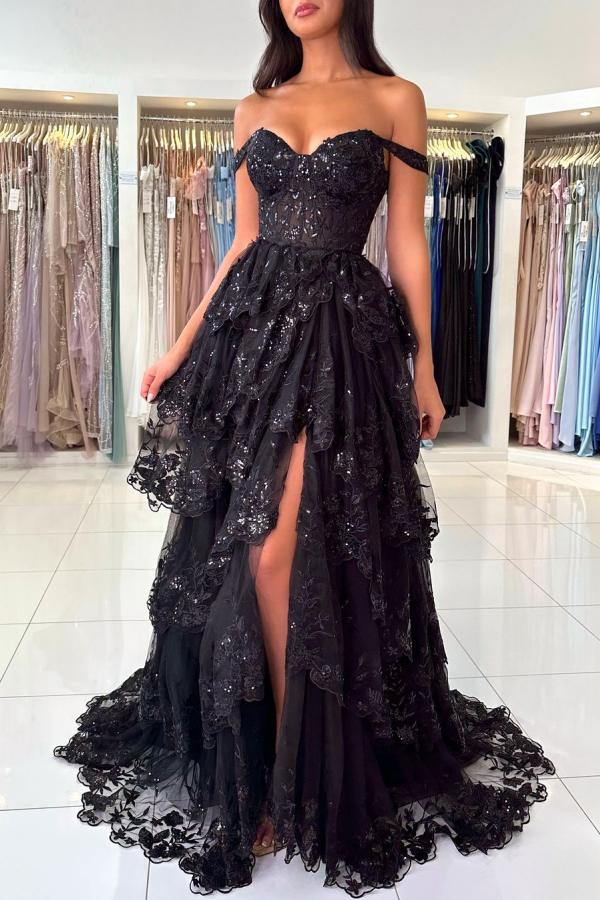 Black Off the shoulder Ruffles High split Prom Dresses