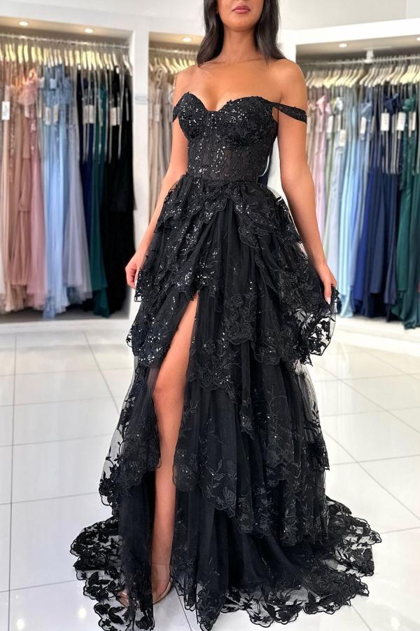 Black Off the shoulder Ruffles High split Prom Dresses