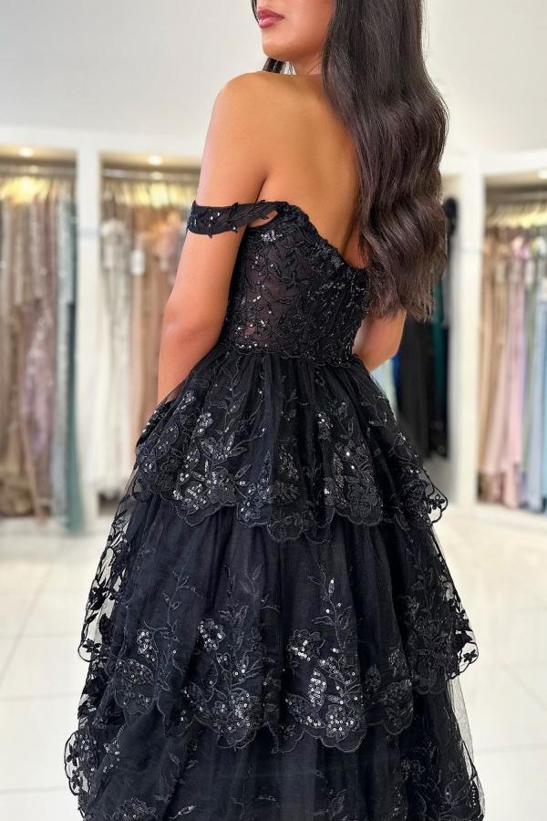 Black Off the shoulder Ruffles High split Prom Dresses
