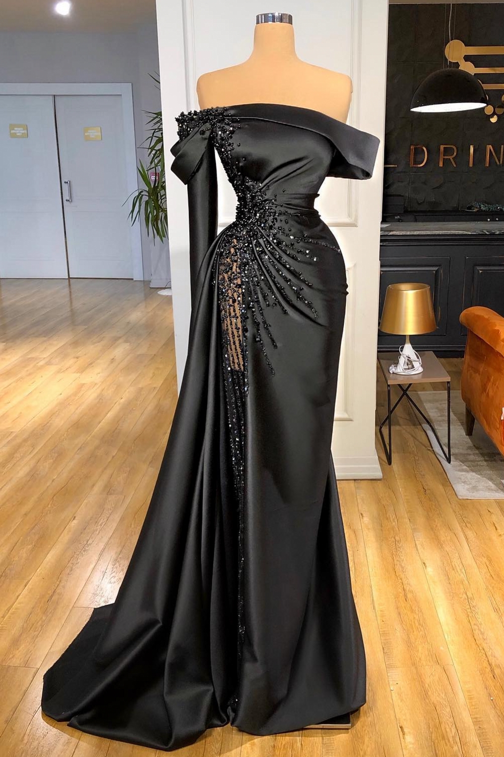 Black Satin Long Evening Dess One Shoulder Side Slit Prom Dress