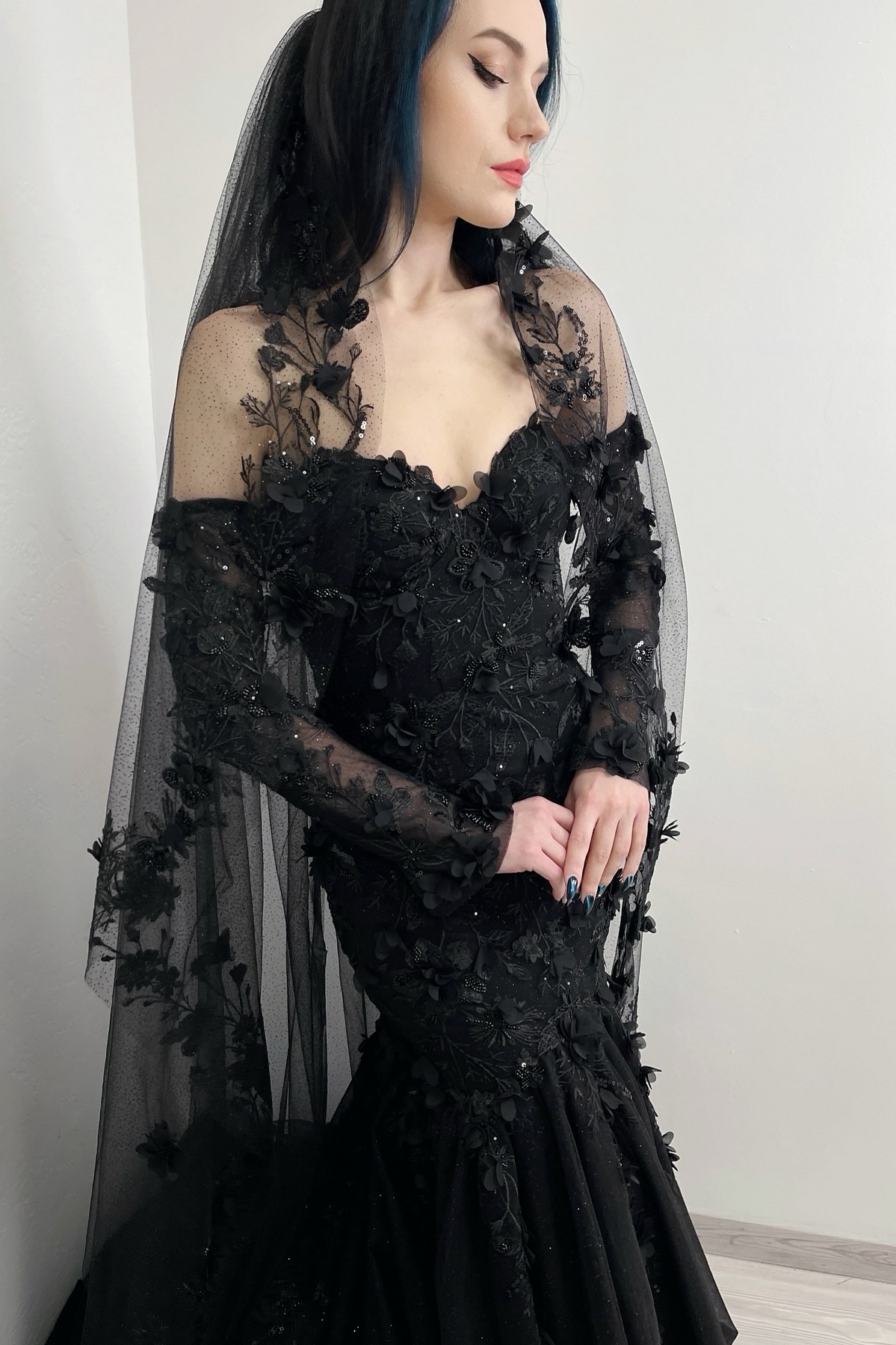 Black Sweetheart Tulle Appliques Lace Mermaid Wedding Dresses