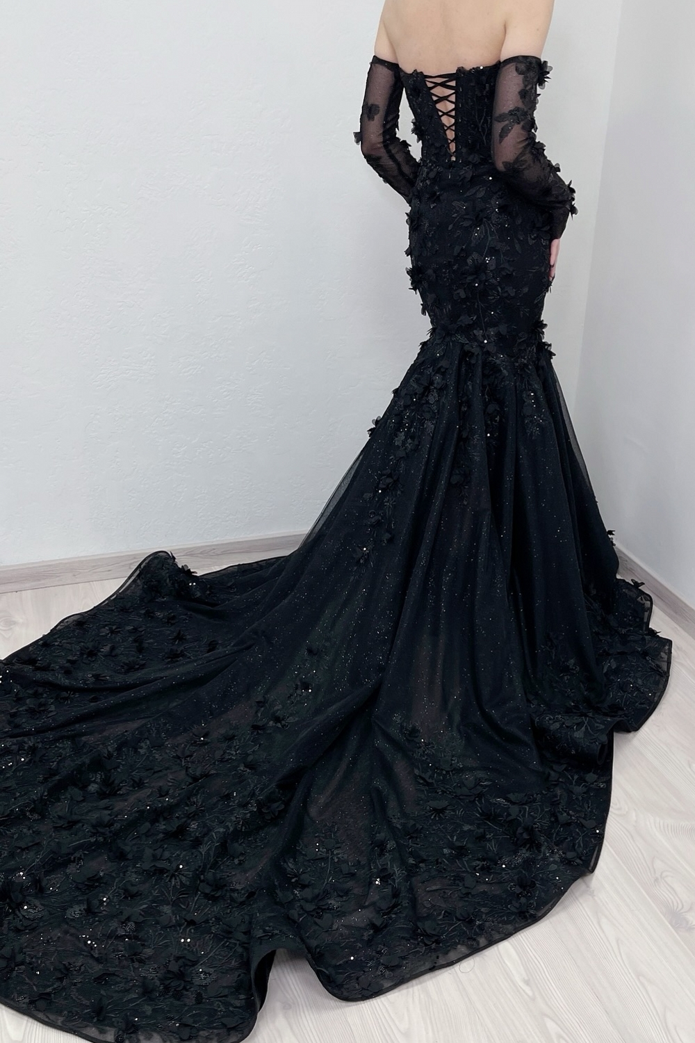Black Sweetheart Tulle Appliques Lace Mermaid Wedding Dresses