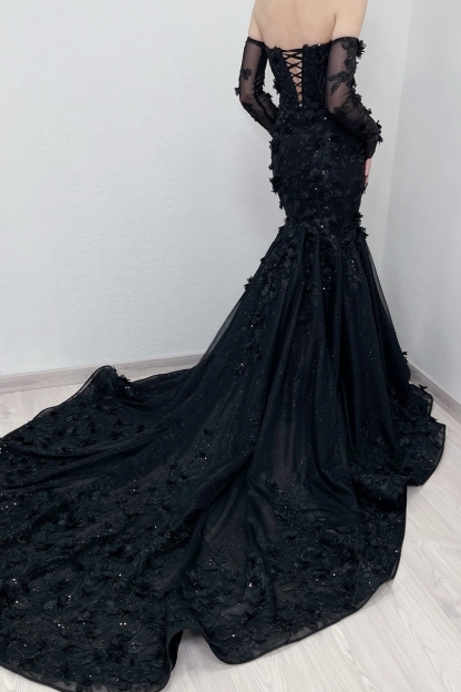 Black Sweetheart Tulle Appliques Lace Mermaid Wedding Dresses