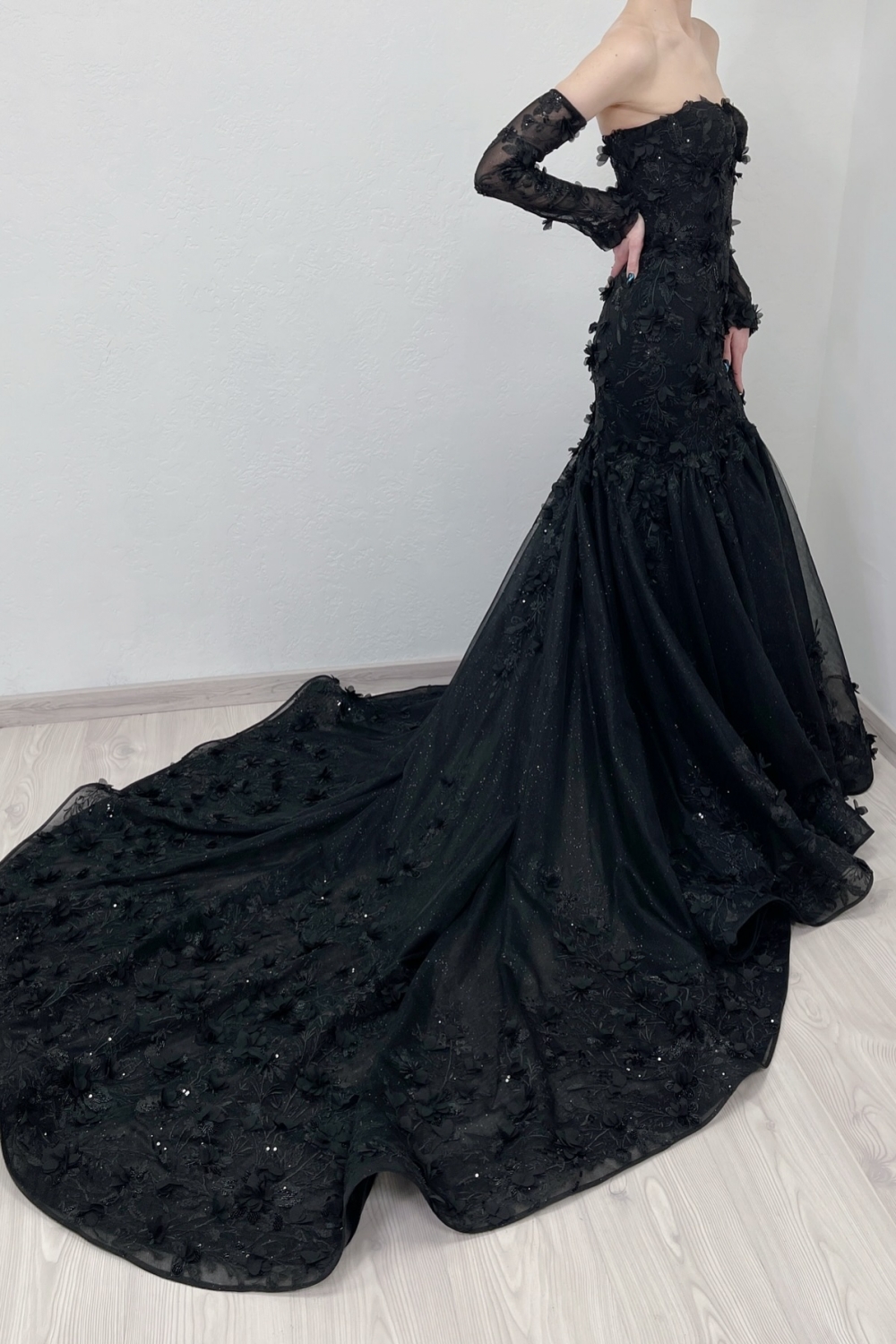 Black Sweetheart Tulle Appliques Lace Mermaid Wedding Dresses