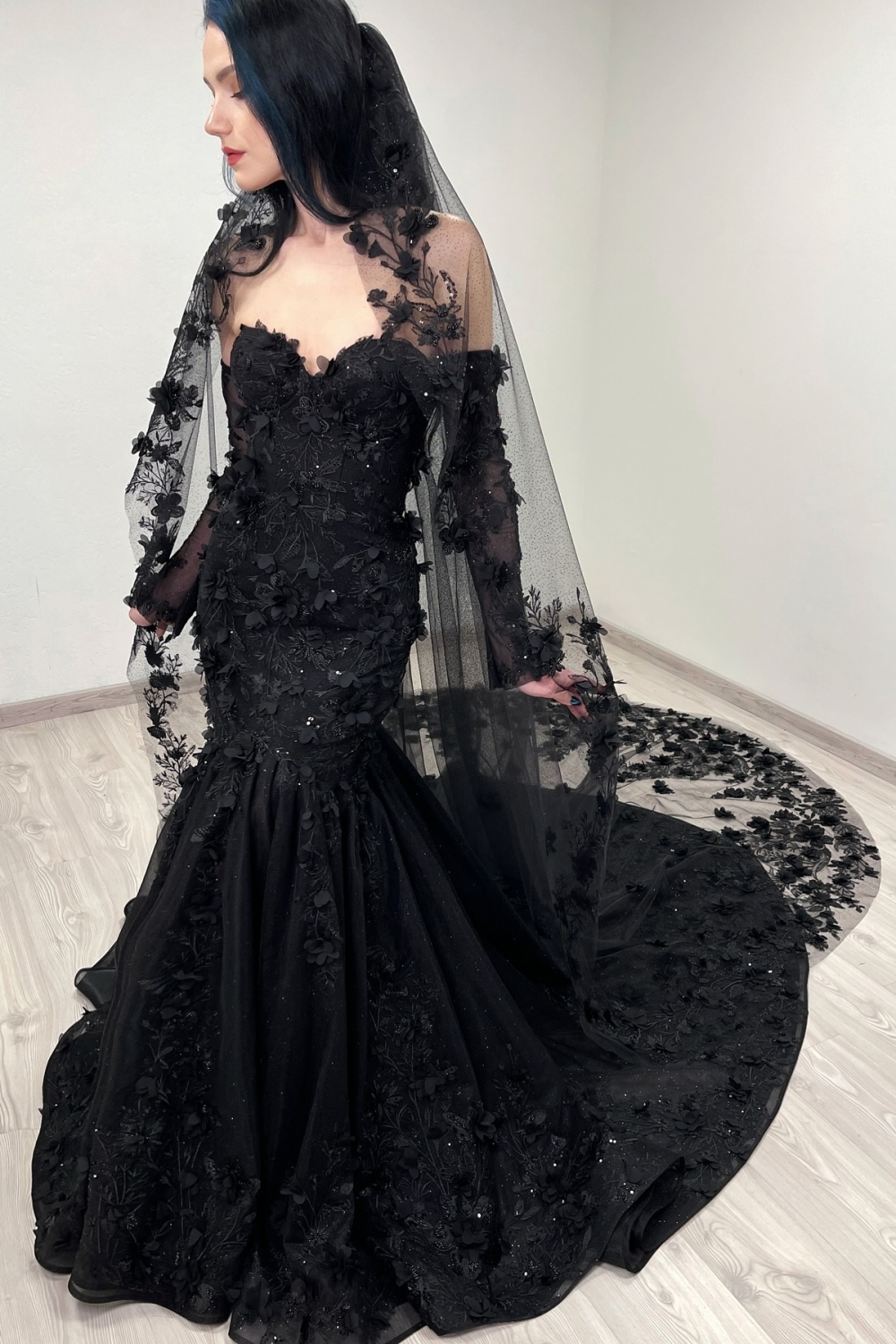 Black Sweetheart Tulle Appliques Lace Mermaid Wedding Dresses