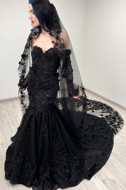 Black Sweetheart Tulle Appliques Lace Mermaid Wedding Dresses
