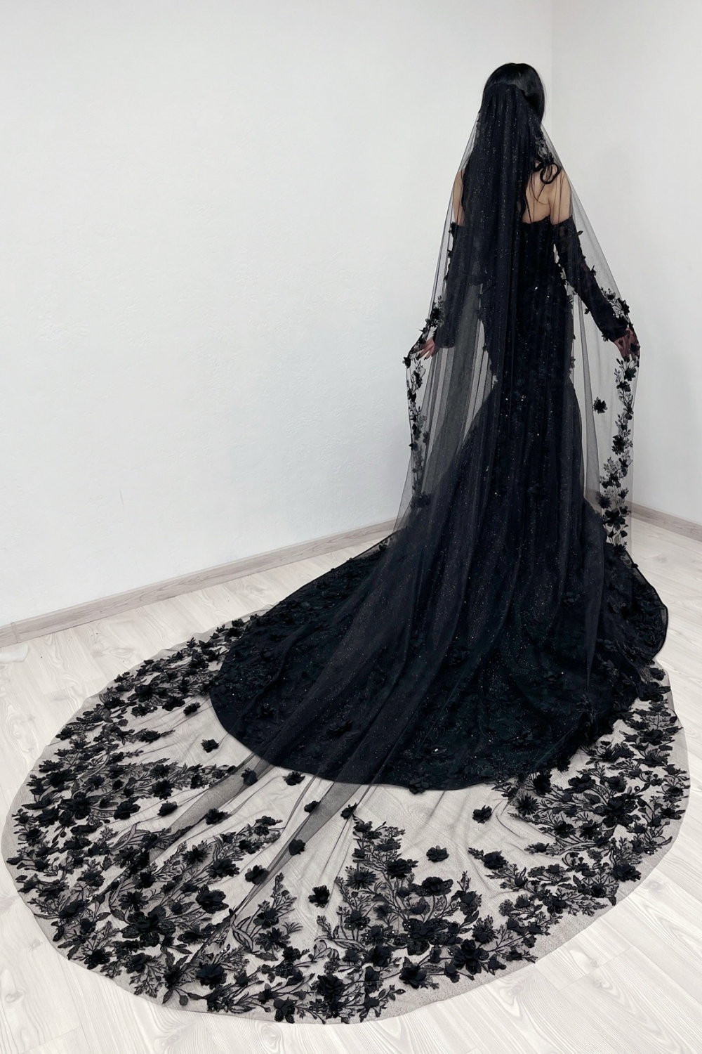 mermaid black lace wedding dress Mermaid Floral Black Wedding Dress Long Sleeve Wedding Gown WD742 US8 / Custom Color