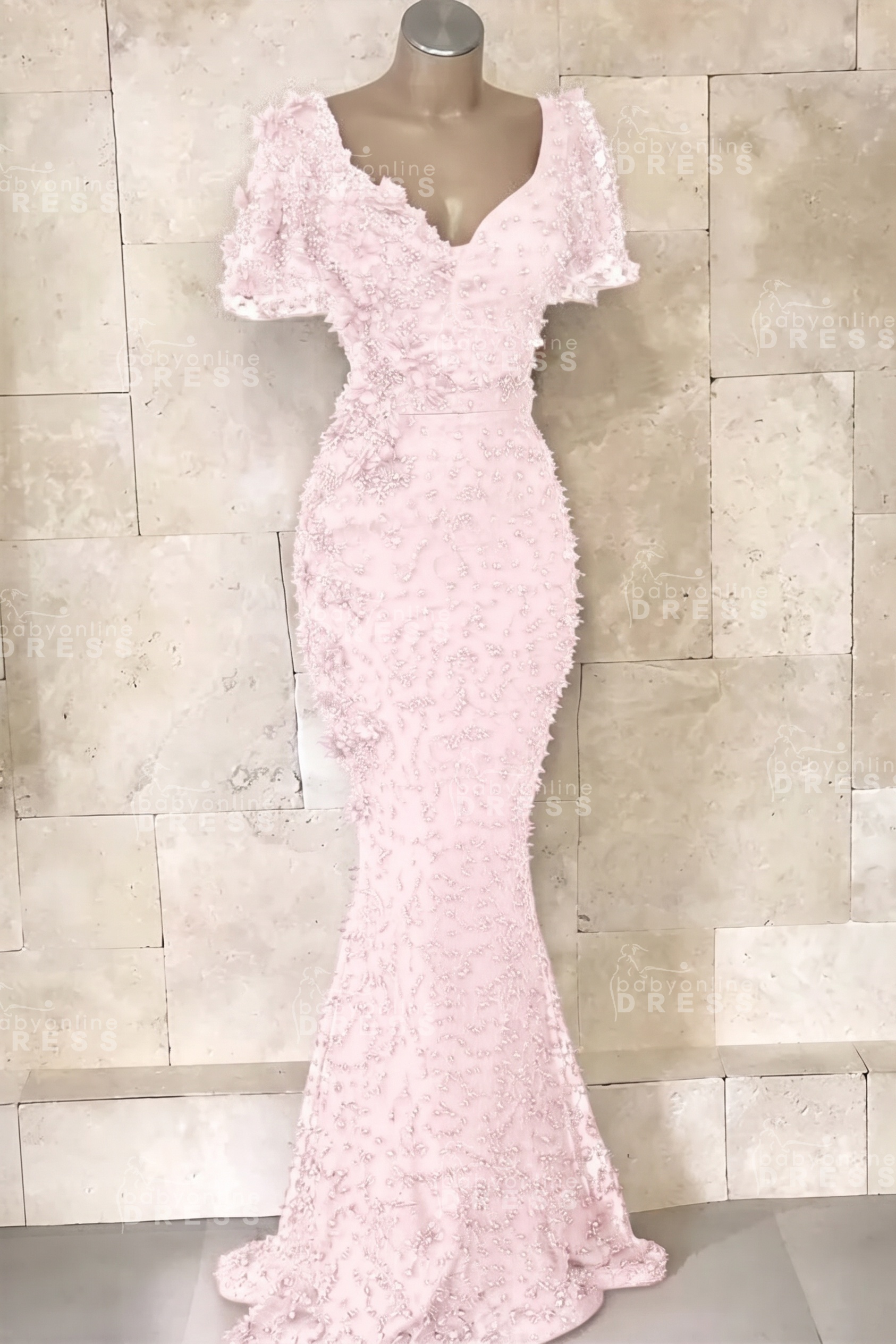 Glamorous V-Neck Short Sleeves Beading Flower Mermaid Floor-Length Prom Dresses