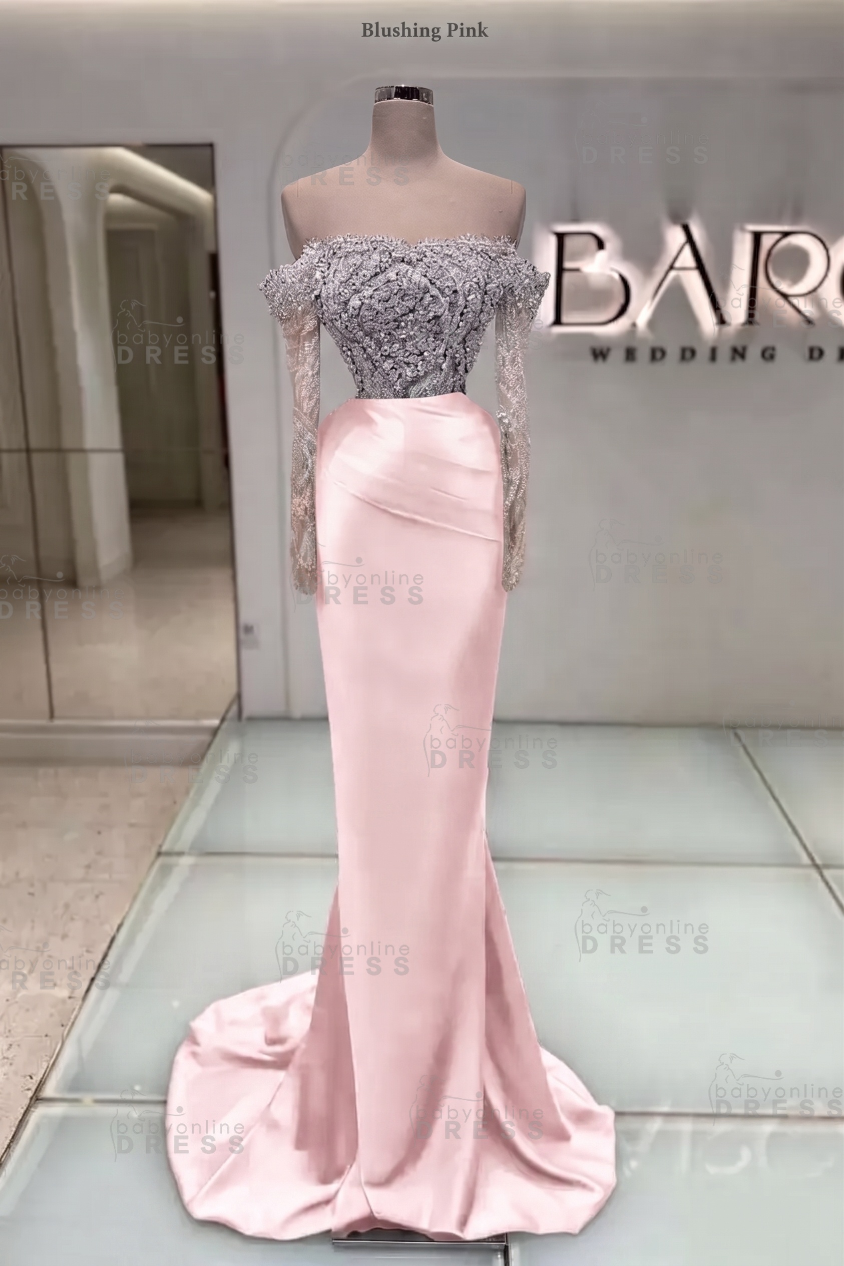 Off-the-Shoulder Ruffles Satin Mermaid Prom Dress Beadings with Sleeves