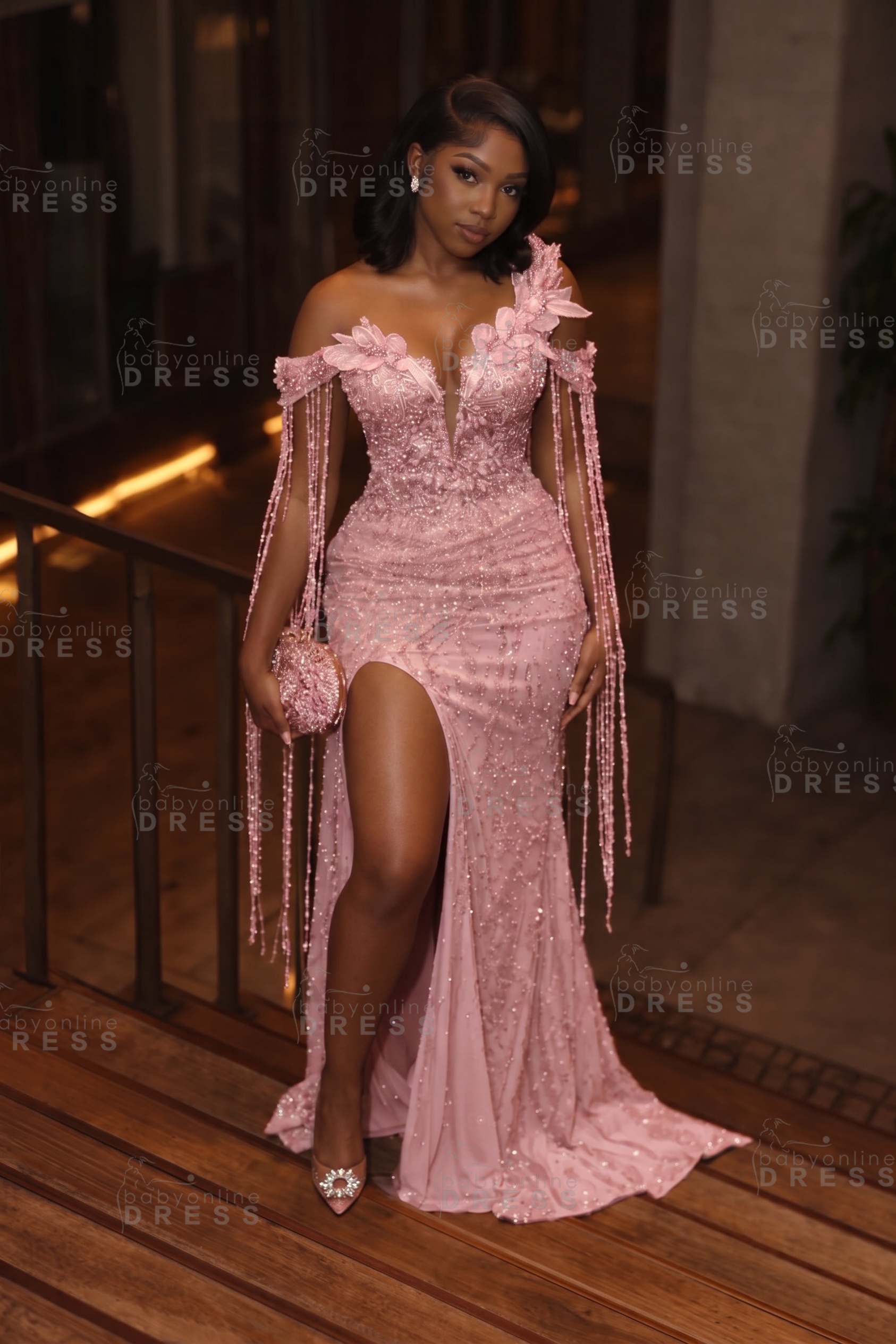 Stunning Asymmetric  Sequins Prom DressMermaid Gold Evening Gown with Tassels