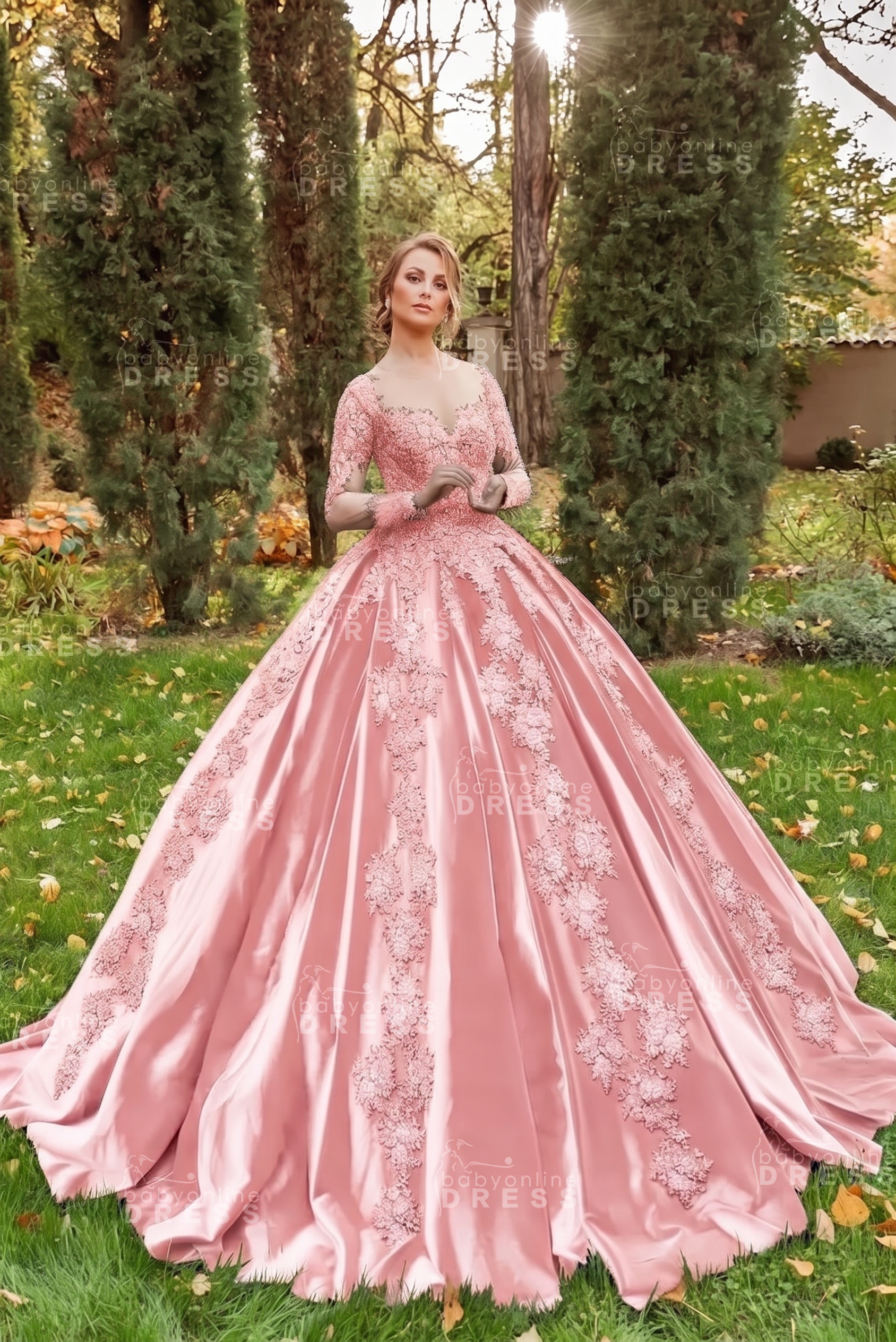 Gorgeous Long Sleeves Velvet Ball Gown with 3D Floral Appliques